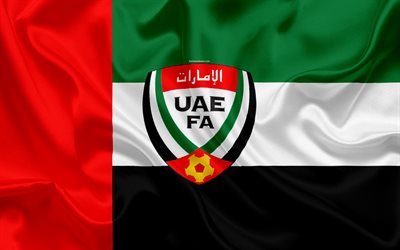 UAE national football team, logo, emblem, flag, United Arab Emirates, football federation, World Championship, football, silk texture, UAE