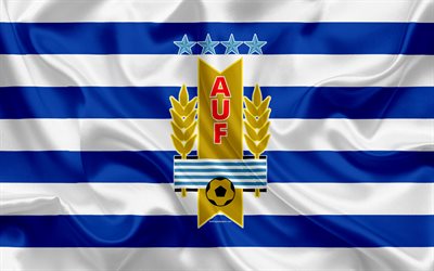 uruguay-fu&#223;ball-nationalmannschaft, logo, emblem, flagge von uruguay, fu&#223;ball-verband, world championship, fu&#223;ball, seide textur, s&#252;damerika