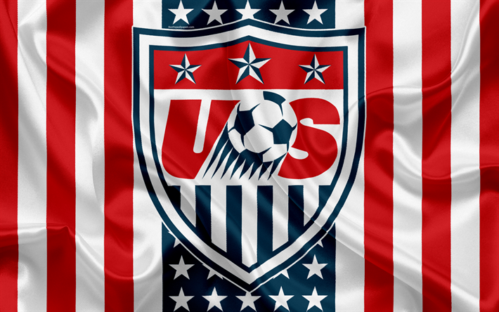 USA equipo de f&#250;tbol nacional, logotipo, emblema, bandera de los estados unidos, la federaci&#243;n de f&#250;tbol, Campeonato del Mundo, el f&#250;tbol, la seda textura, Estados unidos de Am&#233;rica