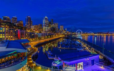 Seattle, el Lago Washington, la noche, la bah&#237;a, yates, estado de Washington, estados UNIDOS
