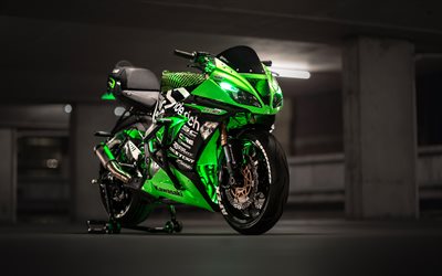 Kawasaki Ninja ZX-6R, 4k, 2017 cyklar, parkering, inst&#228;llda t&#229;g, japanska motorcyklar, Kawasaki