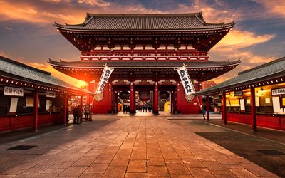 Temple Senso-ji, 4k, coucher de soleil, Sensoji, japonais rep&#232;res, Tokyo, Japon, Asie