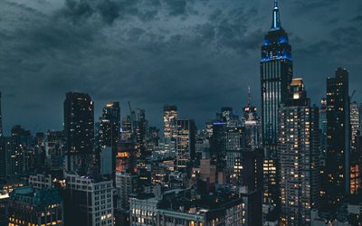 4k, New York, notte, Empire State Building, citt&#224;, New York City, new york, USA, America
