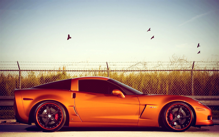 chevrolet corvette z06, seitenansicht, orange sport-coup&#233;, schwarz r&#228;der, tuning z06, orange corvette, us-amerikanische fahrzeuge, chevrolet