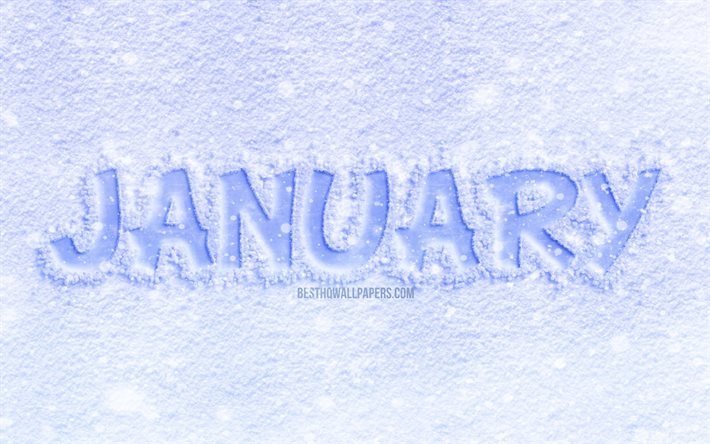 4k, January, ice letters, white background, winter, January concepts, January on ice, January month, winter months