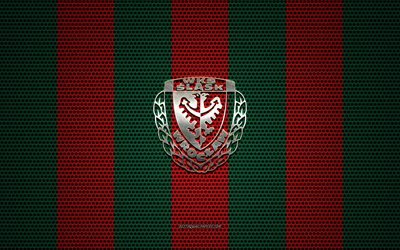 شعار Slask Wroclaw, نادي كرة القدم البولندي, شعار معدني, شبكة معدنية خضراء حمراء الخلفية, سلاسك فروتسواف, Ekstraklasa, فروتسواف, بولندا, كرة القدم