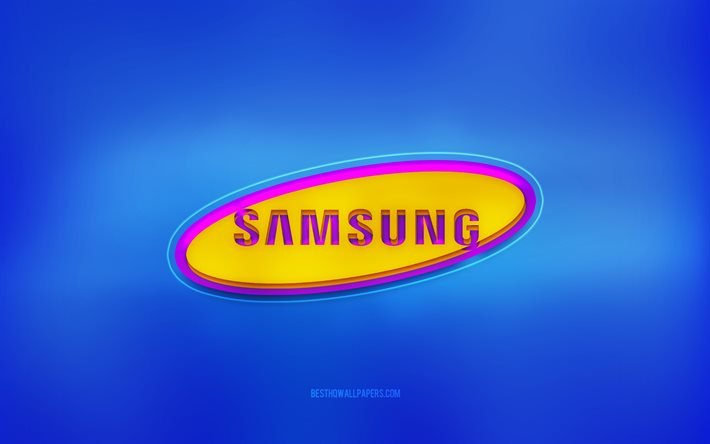 samsung 3d-logo, blauer hintergrund, samsung, mehrfarbiges logo, samsung-logo, 3d-emblem