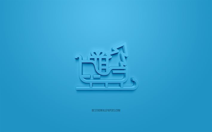 Sleigh 3d icon, blue background, 3d symbols, Sleigh, creative 3d art, 3d icons, Sleigh sign, Winter 3d icons