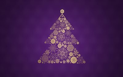 Altın s&#252;s Noel ağacı, mor arka plan, Noel ağacı yapılan kar taneleri, Mor Noel arka plan, Yeni Yıl, kar taneleri s&#252;sleri, Noel