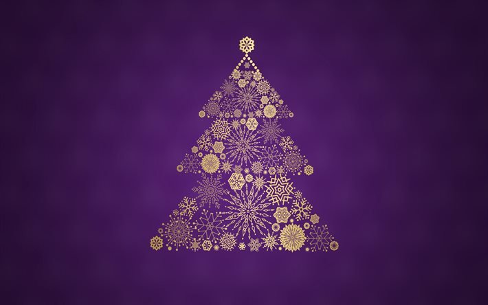 Golden ornament christmas tree, purple background, Christmas tree made of snowflakes, Purple Christmas background, New Year, snowflakes ornaments, Christmas