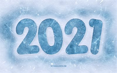 2021 New Year, 2021 Winter background, Happy New Year 2021, lettering on ice, 2021 Ice background, winter, snow, 2021 concepts