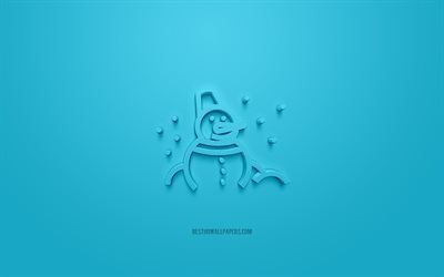 Lumiukko 3d-kuvake, sininen tausta, 3D-symbolit, Lumiukko, luova 3d-taide, 3d-kuvakkeet, Lumiukko-merkki, Talvi 3d-kuvakkeet
