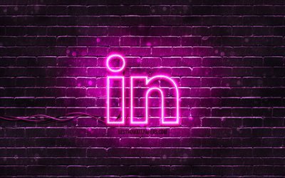 LinkedIn purple logo, 4k, purple brickwall, LinkedIn logo, social networks, LinkedIn neon logo, LinkedIn