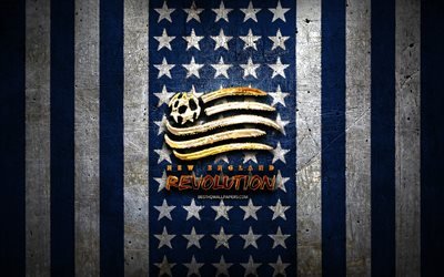 new england revolution flagge, mls, blauer metallhintergrund, amerikanischer fu&#223;ballverein, new england revolution logo, usa, fu&#223;ball, new england revolution fc, goldenes logo
