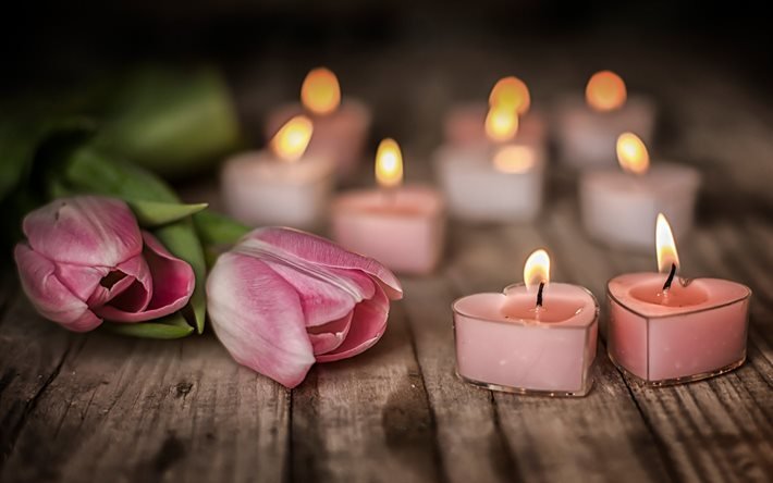 rakkausk&#228;sitteet, vaaleanpunaiset tulppaanit, kynttil&#228;t, romanttinen ilta, bokeh, syd&#228;met, kauniit kukat, tulppaanit