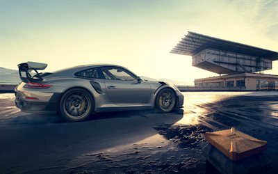 Porsche 911 GT2 RS, 2020, race car, exterior, new silver 911 GT2RS, race track, german sports cars, Porsche