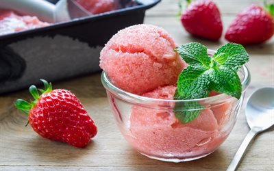 strawberry ice cream, sweets, ice cream berries, strawberry, mint