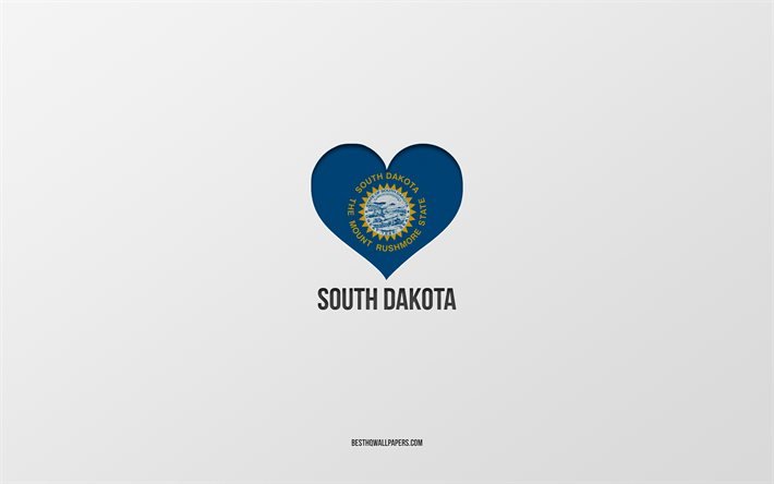 J&#39;aime le Dakota du Sud, les &#201;tats am&#233;ricains, fond gris, l&#39;&#201;tat du Dakota du Sud, USA, le cœur du drapeau du Dakota du Sud, les &#201;tats pr&#233;f&#233;r&#233;s, l&#39;amour du Dakota du Sud
