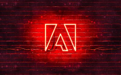 Adobe kırmızı logosu, 4k, kırmızı brickwall, Adobe logosu, markalar, Adobe neon logosu, Adobe