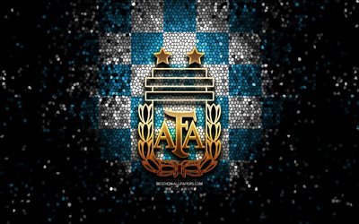 Squadra di calcio argentina, logo glitter, Conmebol, Sud America, sfondo a scacchi bianco blu, arte del mosaico, calcio, squadra nazionale di calcio argentina, logo AFA, Argentina