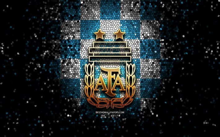 Argentinsk fotbollslag, glitterlogotyp, Conmebol, Sydamerika, bl&#229;vit rutig bakgrund, mosaikkonst, fotboll, Argentina National Football Team, AFA-logotyp, Argentina