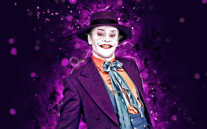 Joker, 4k, violetta neonljus, superskurk, kreativ, Joker 4K, konstverk