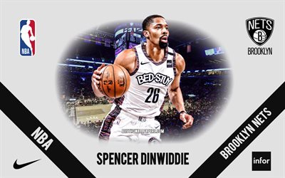 Spencer Dinwiddie, Brooklyn Nets, amerikansk basketspelare, NBA, portr&#228;tt, USA, basket, Barclays Center, Brooklyn Nets logo