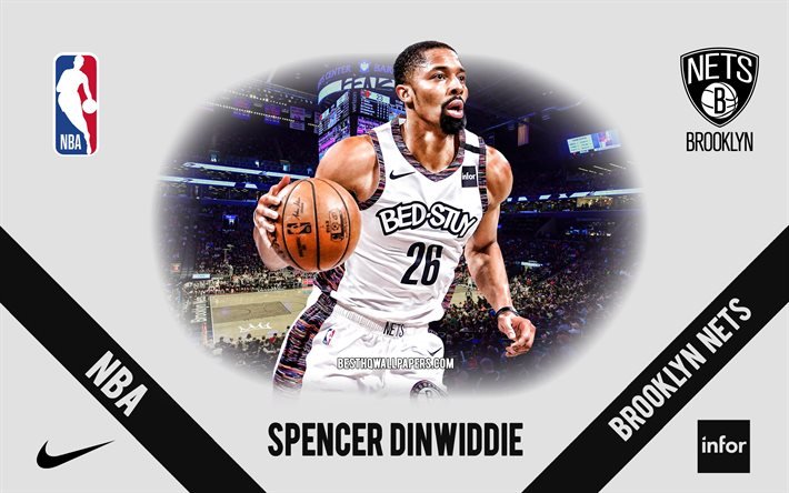 Spencer Dinwiddie, Brooklyn Nets, giocatore di basket americano, NBA, ritratto, USA, basket, Barclays Center, logo Brooklyn Nets