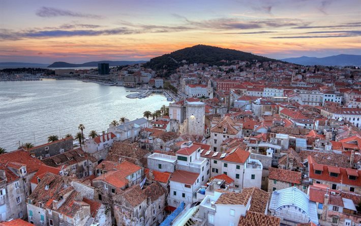 Split, noite, p&#244;r do sol, costa, paisagem urbana de Split, resorts da Cro&#225;cia, Mar Adri&#225;tico, panorama de Split, Cro&#225;cia