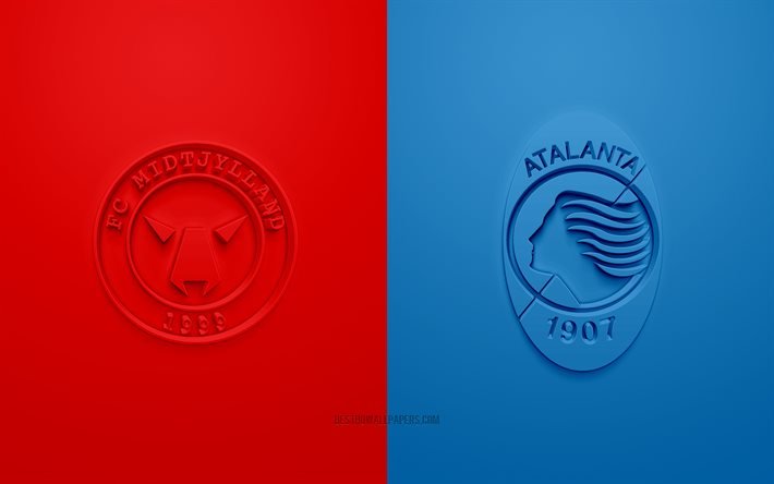 FC Midtjylland vs Atalanta, Ligue des Champions, Groupe D, logos 3D, fond rouge-bleu, match de football, FC Midtjylland, Atalanta