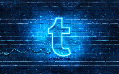 Logotipo azul do Tumblr, 4k, parede de tijolos azul, logotipo do Tumblr, redes sociais, logotipo de n&#233;on do Tumblr, Tumblr