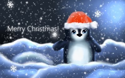 Merry Christmas, 4k, 3D art, snowfall, penguin, snowdrifts, Happy New Year, Christmas concepts