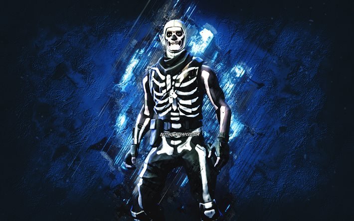 Fortnite Skull Trooper Skin, Fortnite, personajes principales, fondo de piedra azul, Skull Trooper, Skins de Fortnite, Skin de Skull Trooper, Skull Trooper Fortnite, Personajes de Fortnite