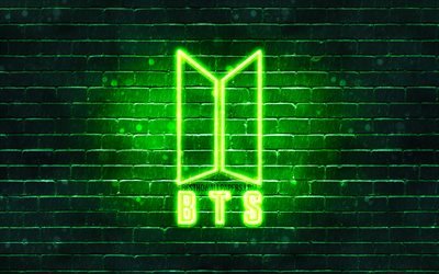 BTS green logo, 4k, Bangtan Boys, green brickwall, BTS logo, korean band, BTS neon logo, BTS