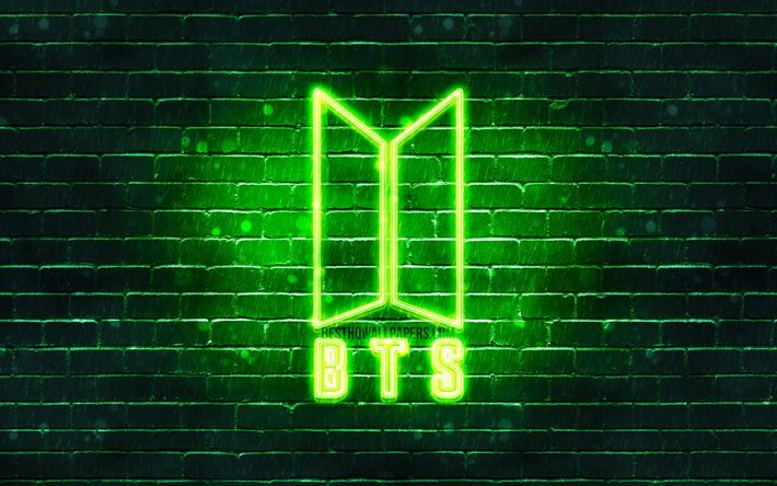 Logotipo verde de BTS, 4k, Bangtan Boys, pared de ladrillo verde, logotipo de BTS, banda coreana, logotipo de ne&#243;n de BTS, BTS