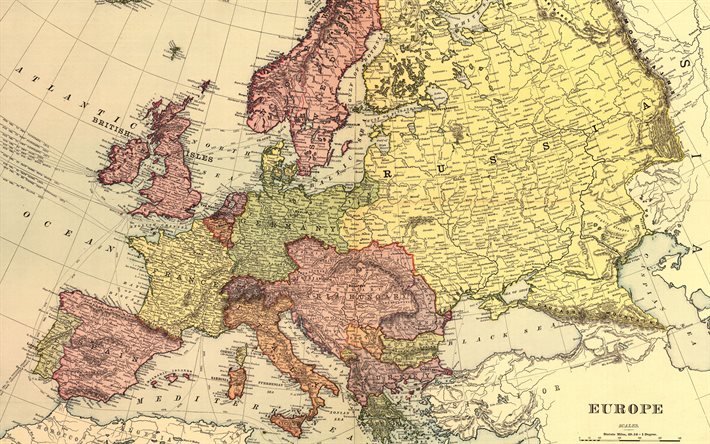 Retro kartta Euroopasta, vanha kartta, vanha poliittinen kartta Euroopasta, retro kartat, Eurooppa