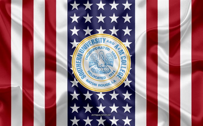 Emblema di Edwardsville della Southern University, bandiera americana, logo della Southern University, Baton Rouge, Louisiana, USA, Southern University