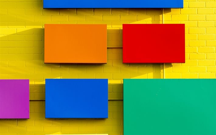 pancarte color&#233;e, banni&#232;res color&#233;es, banni&#232;res cr&#233;atives, mur de briques jaunes, fond de briques jaunes