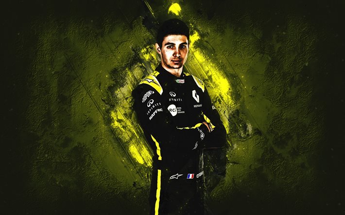 Esteban Ocon, Renault F1 -tiimi, ranskalainen kuljettaja, muotokuva, Formula 1, keltainen kivitausta, F1, Renault