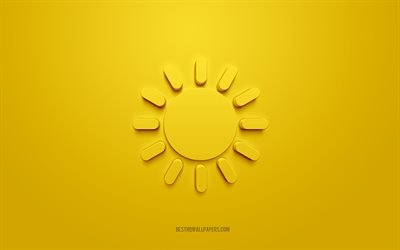Icona sole 3d, sfondo giallo, simboli 3d, sole, arte 3d creativa, icone 3d, segno solare, icone buongiorno 3d
