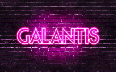 Galantis mor logosu, 4k, s&#252;per yıldızlar, İsve&#231;li DJ&#39;ler, mor brickwall, Galantis logosu, Christian Karlsson, Linus Eklow, Galantis, m&#252;zik yıldızları, Galantis neon logosu