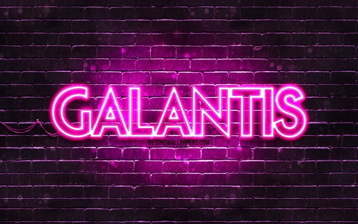 Galantis purple logo, 4k, superstars, Swedish DJs, purple brickwall, Galantis logo, Christian Karlsson, Linus Eklow, Galantis, music stars, Galantis neon logo