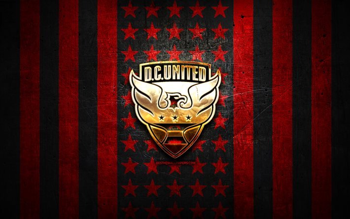 DC United flag, MLS, red metal background, american soccer club, DC United logo, USA, soccer, DC United, golden logo