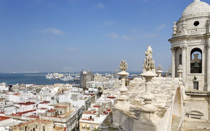 Cadiz Katedrali, Roma Katolik Kilisesi, liman, sabah, yolcu gemisi, şehir manzarası, Cadiz, İspanya