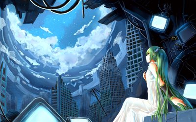 4k, Hatsune Miku, cityscape, skyscraper, manga, Vocaloid