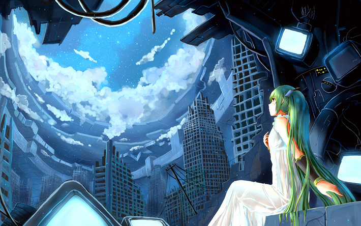 4k, Hatsune Miku, paisaje urbano, rascacielos, manga, Vocaloid