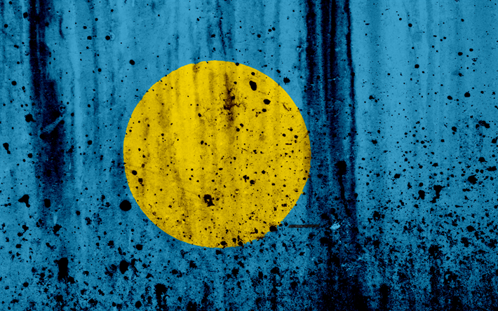 Palau indicador, 4k, grunge flag of Palau, Ocean&#237;a, Palau, s&#237;mbolo nacional, Palau nacional bandera