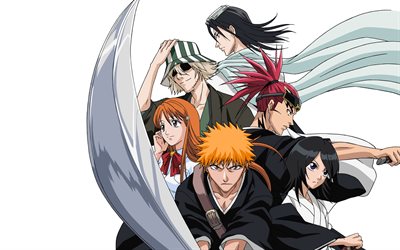 Bleach, 4k, Anime japonês, manga, Ichigo Kurosaki, Renji Abarai, Kuchiki Rukia, Bleach Urahara, Byakuya Kuchiki