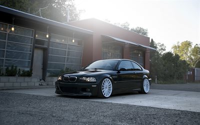 BMW M3, black coupe, white wheels, tuning m3, German cars, E46, black M3, BMW