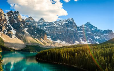 moraine lake, rainbow, 4k, banff national park, blue lake, nordamerika, mountains, kanada